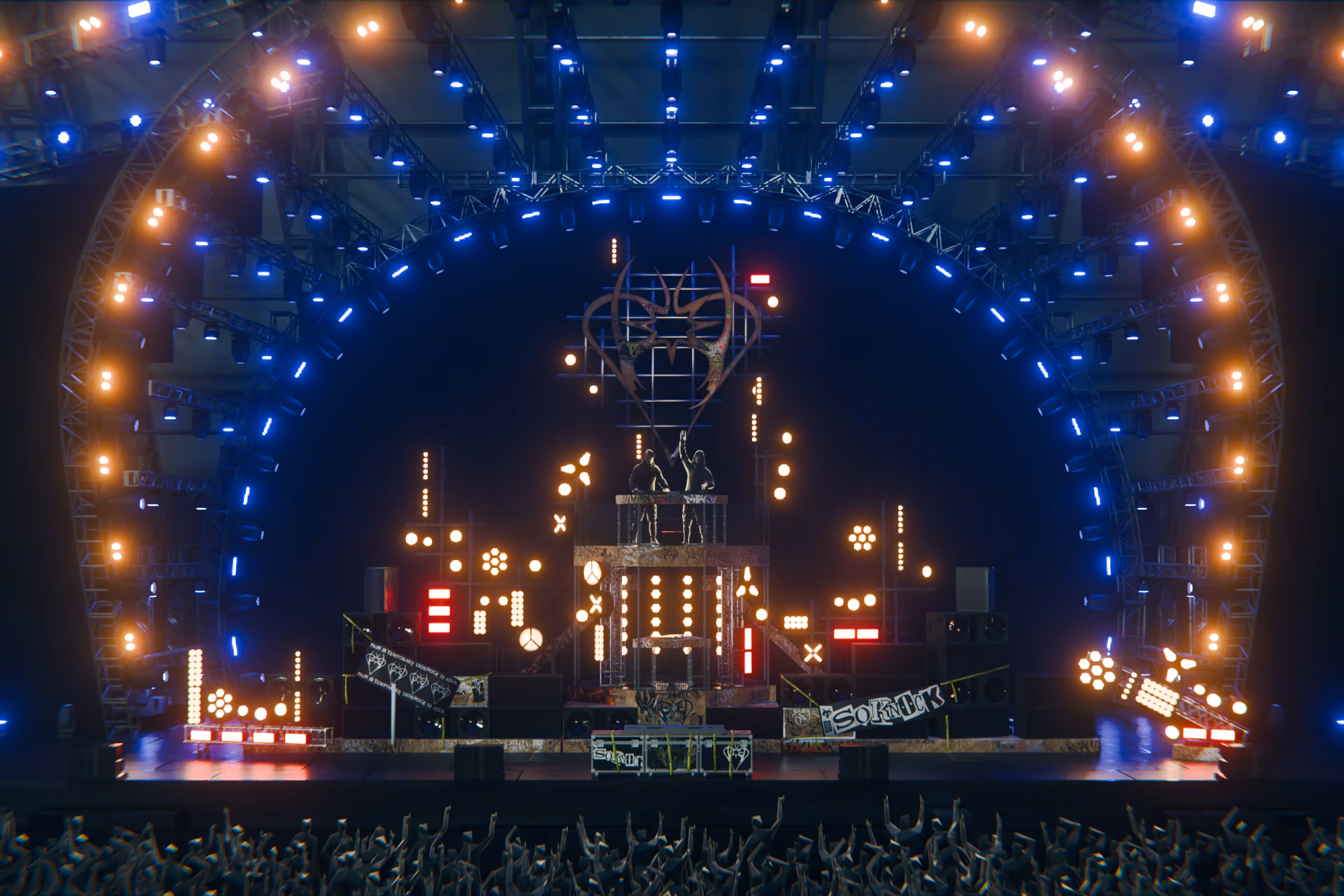 Concert stage with two DJs performing on a central elevated platform surrounded by neon lights.